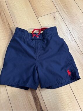 Ralph Lauren Navy Kids Shorts with Red Logo & Drawstring 24M
